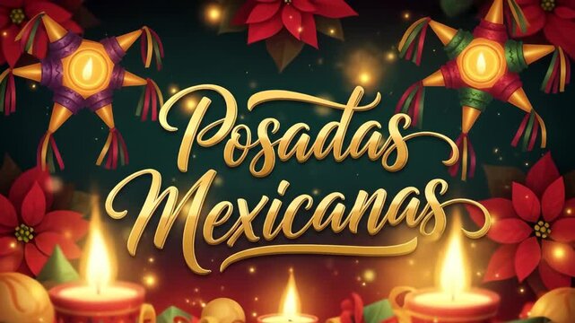 Festive posadas celebration with candles, poinsettias, and pi&ntilde;atas illuminating the night