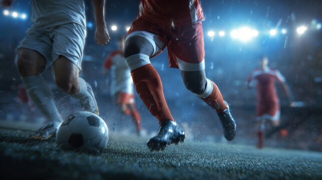 A competitive soccer match unfolds amidst pouring rain, with players in red and white jerseys fiercely competing on the field under bright stadium lights.