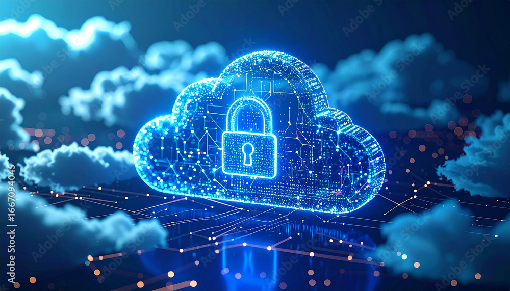 Poster secured cloud computing: a digital representation of secure cloud computing, with a glowing padlock 
