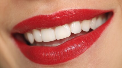 Fototapeta premium Close-up of a smiling woman showcasing perfect white teeth and bold red lipstick, highlighting beauty trends at a local event in a vibrant urban setting.