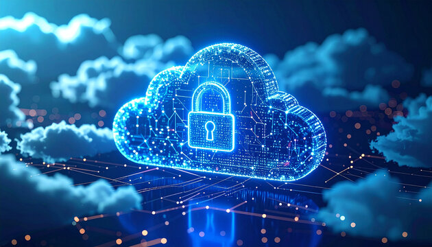 Secured Cloud Computing: A digital representation of secure cloud computing, with a glowing padlock overlaid onto a cloud silhouette, reflecting the advanced safety of data storage and processing.