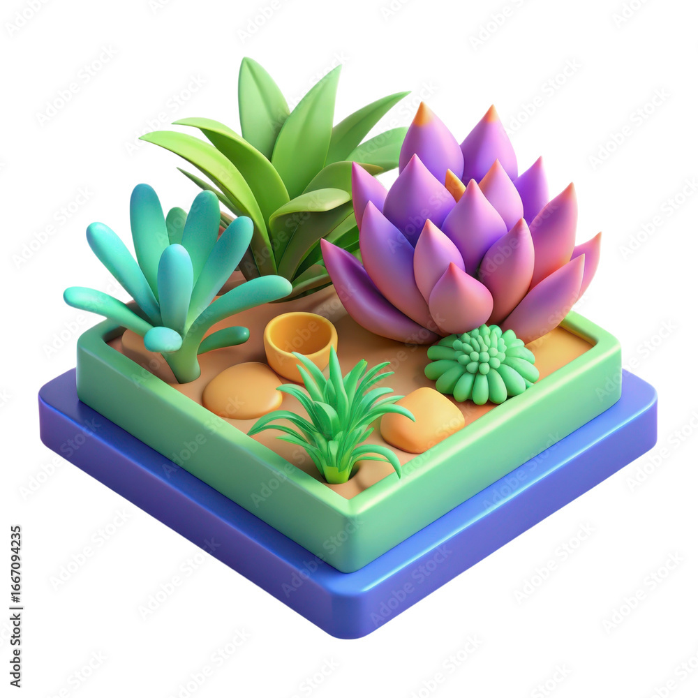 Poster charming 3d voxel art displaying a group of diverse succulents in a vibrant planter