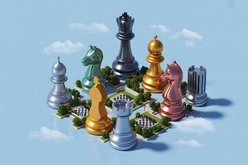 Strategic chess pieces representing teamwork, leadership, and business strategy in a modern conceptual design