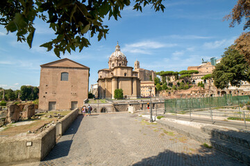 Rome, Italy - August 17, 2019: View of the ancient structures of the Roman Forum