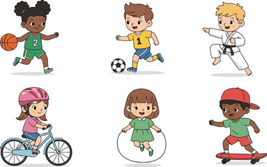 PrintCartoon children playing various sports, vector illustration of active kids with basketball, soccer, martial arts, cycling, jump rope, skateboarding, promoting fitness and fun