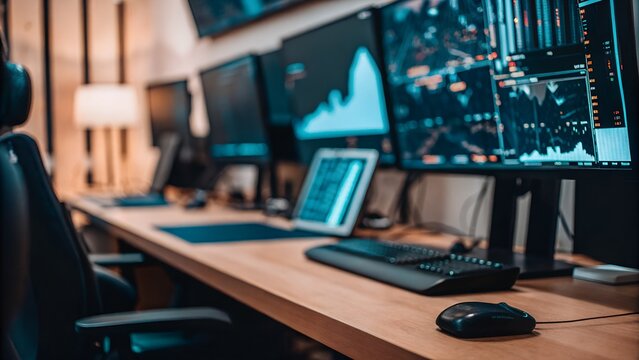 modern trading desk with multiple monitors displaying market charts