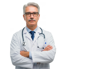 Professional mature male doctor wearing a white coat and stethoscope with arms crossed isolated on transparent background