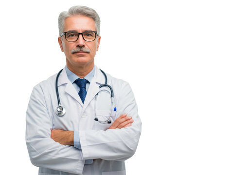 Professional mature male doctor wearing a white coat and stethoscope with arms crossed isolated on transparent background
