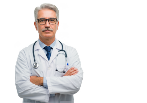 Professional mature male doctor wearing a white coat and stethoscope with arms crossed isolated on transparent background - Powered by Adobe