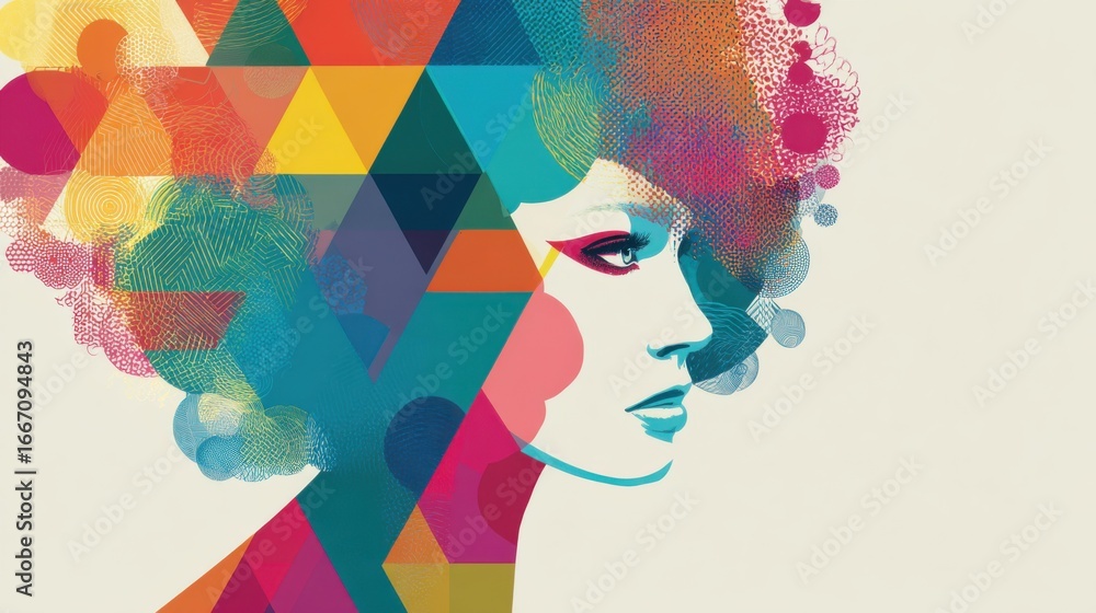 Poster a striking portrait showcases a woman's profile adorned with bold geometric shapes and vibrant color