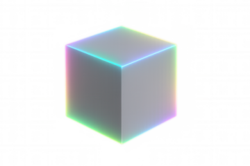 Glowing neon cube radiating iridescent hues, symbolizing cutting-edge digital technology against transparent backdrop