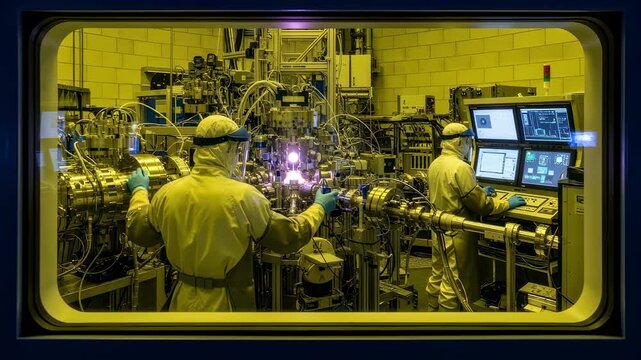 View through lead glass window into a cyclotron target vault showing technicians in protective gear managing isotope synthesis equipment.
