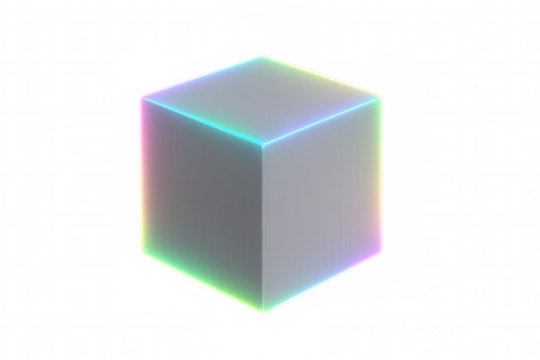 Glowing neon cube radiating iridescent hues, symbolizing cutting-edge digital technology against transparent backdrop