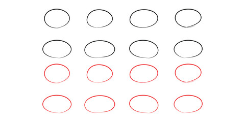 Black and red circle on isolated white background. 16 different shapes doodle ellipse. Different shapes element on isolated white background. EPS 10. 