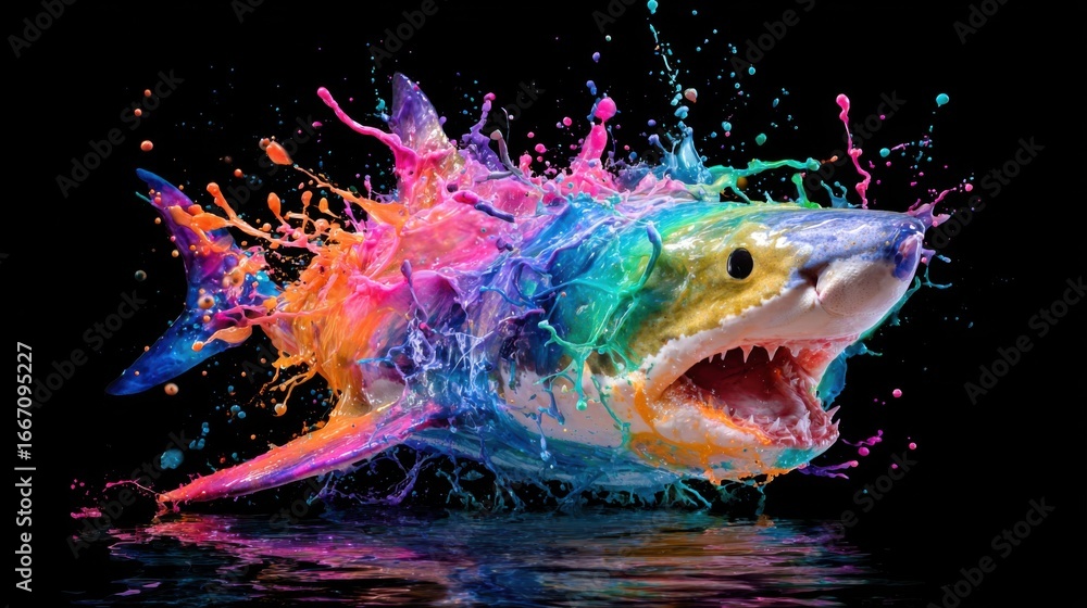 Poster a shark leaps from the water, surrounded by a vibrant explosion of colors. the dynamic motion create