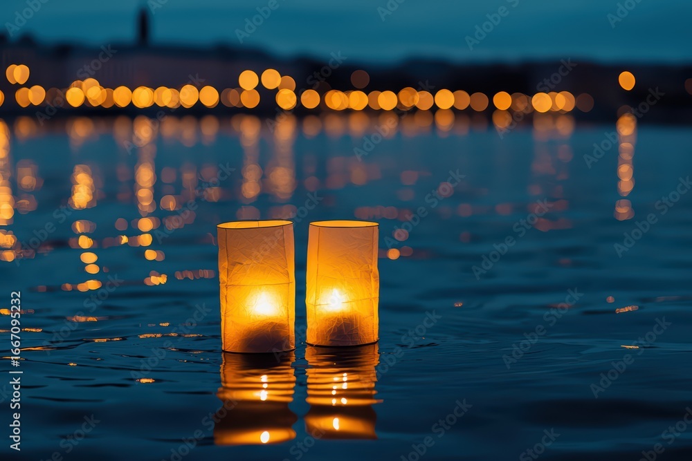 Poster floating lanterns on water with glowing lights at dusk in a tranquil setting