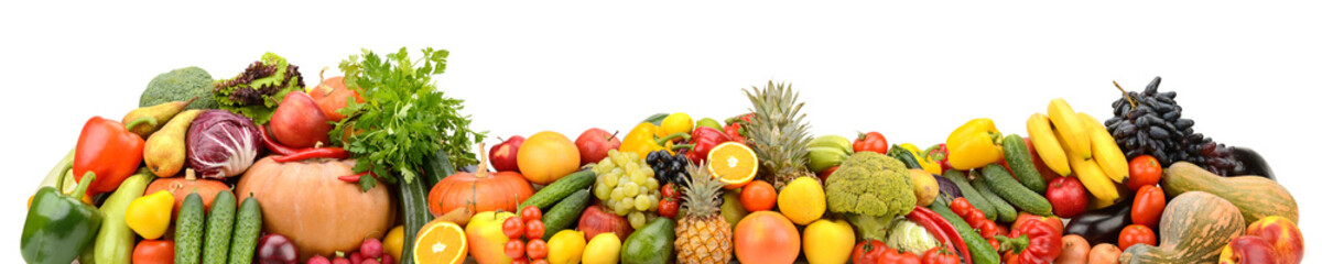 Big pile of bright healthy fruits, vegetables and berries isolated on white