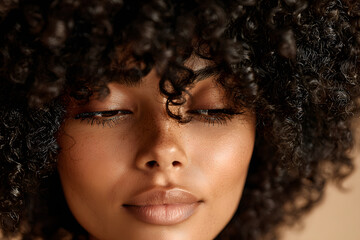 Fototapeta premium Beauty portrait of african american woman with cleanhealthy skin on beige backround. Smiling dreamy beauiful afro hairstyle girl.Crly black hair