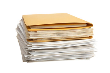 Stack of documents and file folders on transparent background