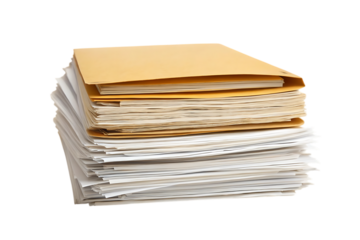 Stack of documents and file folders on transparent background