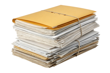Stack of documents and file folders tied with string on transparent background