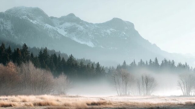 Mist-Kissed Peaks and Whispering Woods: A breathtaking landscape panorama unveils mist-shrouded mountains rising majestically behind a dense forest and tranquil meadow, imbued with a soft.