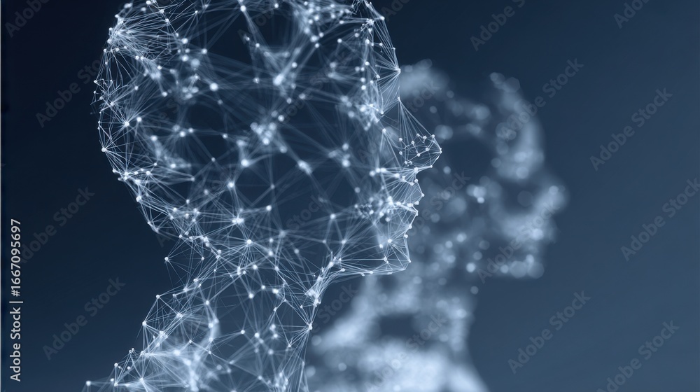 Poster silhouettes of human heads created from interconnected glowing lines demonstrate the integration of 