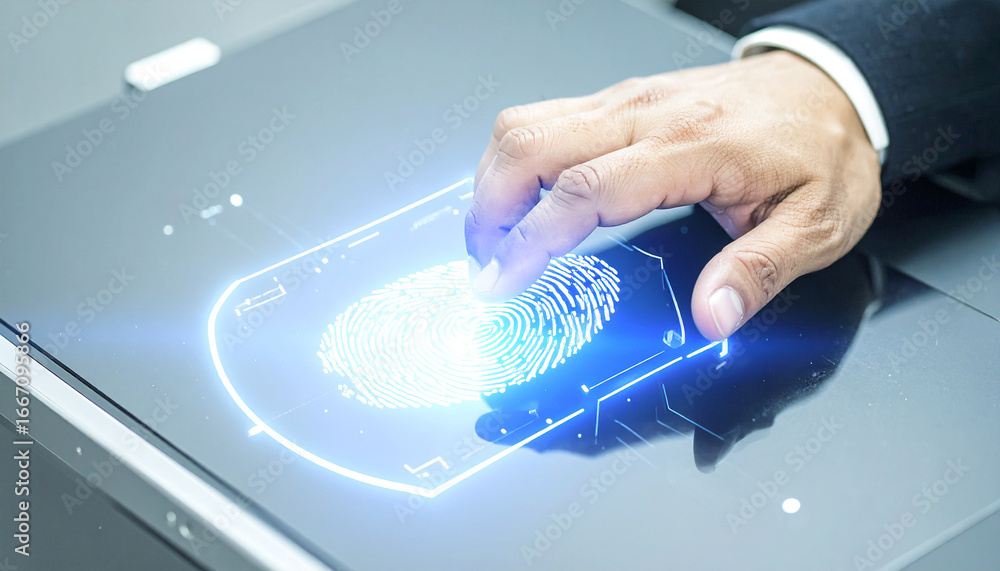 Poster cyber security scan: a close-up shot of a person's hand is poised over a biometric scanner, illumina