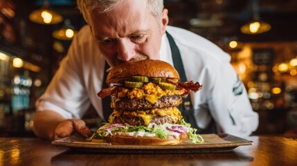 A skilled chef inspects a massive gourmet burger stacked high with juicy beef patties, melted cheese, crispy bacon, and fresh toppings, showcasing culinary expertise in a lively restaurant.