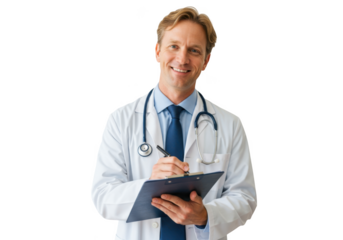 Smiling male doctor wearing white coat and stethoscope writing on clipboard isolated on transparent background