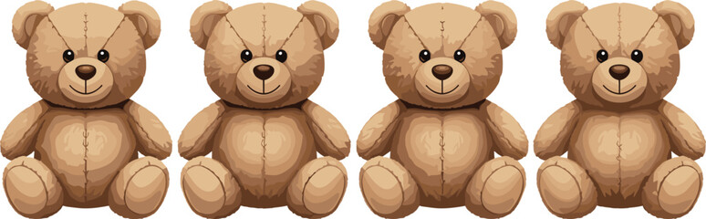 PrintCute vintage teddy bears sitting in a row, plush soft stuffed animals, children's favorite toys, cozy and classic toy illustration.