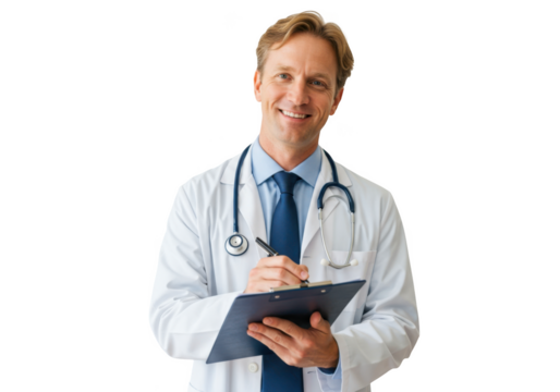Smiling male doctor wearing white coat and stethoscope writing on clipboard isolated on transparent background