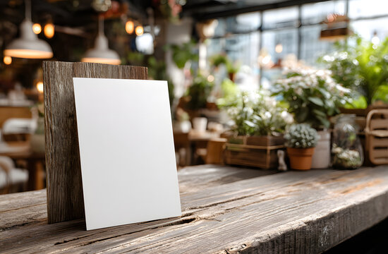 Blank white tent card menu holder on wooden table incafe interior. Wooden fram displays mockup for inforation, design, or product lacement. Soft blurred bacground with warm lighting.
