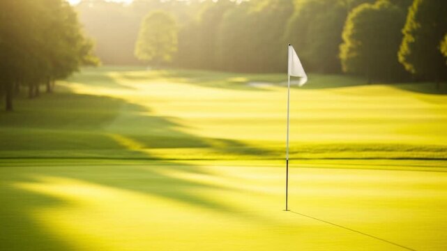 Scenic golf course with green grass, flag and trees in the morning sunlight, representing sport, recreation and a peaceful outdoor activity