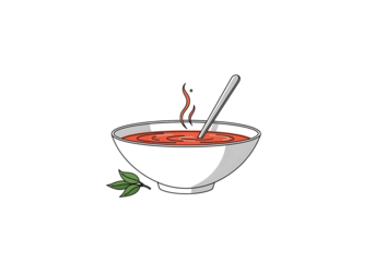 A bowl of steaming, flavorful soup, highlighted by a spoon and aromatic herbs, is presented in a simple, appetizing illustration.