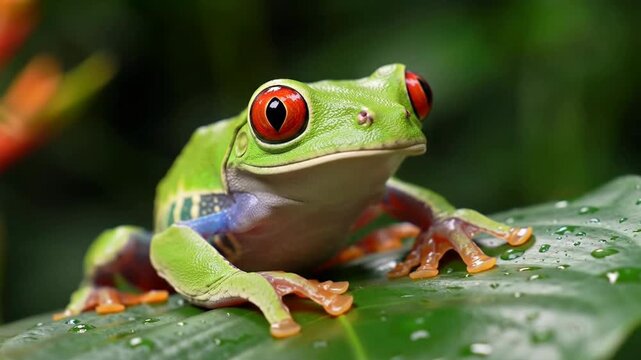 Vibrant Red-Eyed Tree Frog Sitting on a Wet Green Leaf in the Rainforest.