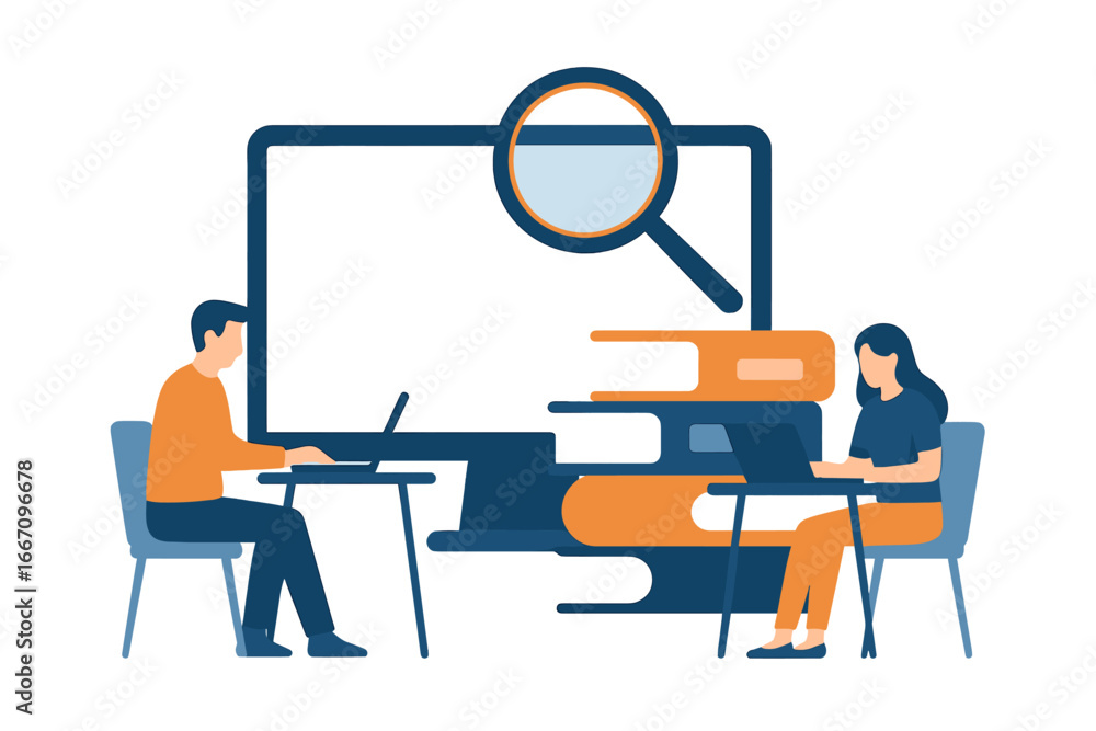Poster students using laptops to search for information in a computer class, set in a computer lab, academi