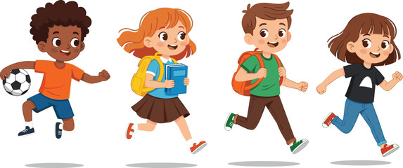 PrintEnergetic group of diverse children running with school accessories, backpacks, and sports ball, symbolizing education, friendship, teamwork, and active lifestyle illustration