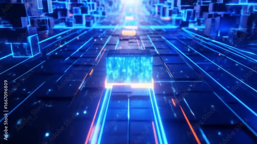 Poster abstract blue and orange geometric cyber background with digital matrix structure and perspective gr