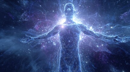A radiant human figure stands with outstretched arms, illuminated by vibrant cosmic colors and swirling galaxies. The scene conveys a sense of wonder and connection to the universe.