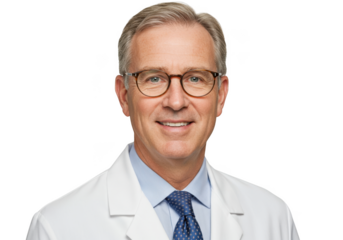 Professional portrait of a smiling male doctor wearing glasses and a white lab coat isolated on transparent background