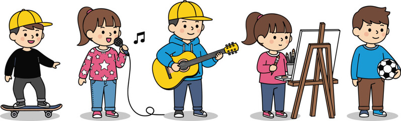PrintGroup of Kids Enjoying Hobbies Like Singing, Painting, Playing Soccer, Guitar, and Skateboarding in Fun Cartoon Style Vector