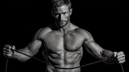 Naklejka premium A muscular man stands confidently, gripping a rope with both hands. The high contrast lighting emphasizes his sculpted physique and determined expression, creating a striking visual impact.