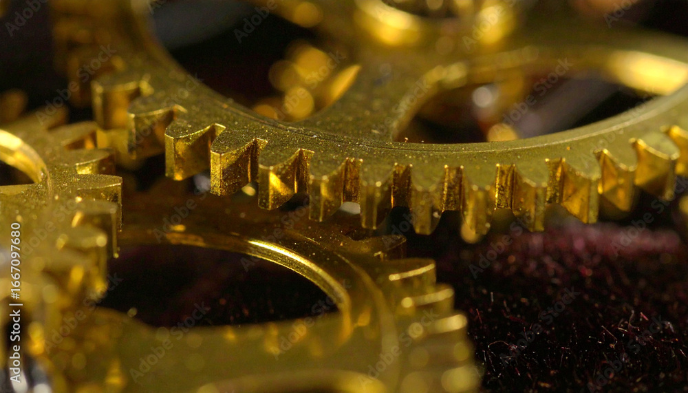 Aufkleber mechanical precision: a close-up, photorealistic study of intricate golden gears interlocking, repre