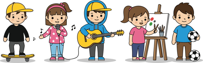 PrintHappy Kids Enjoying Activities Like Skateboarding, Singing, Playing Guitar, Painting, and Soccer in Colorful Cartoon Style Vector