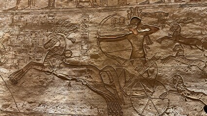 Battle relief of Ramesses II in chariot at Abu Simbel temple, Egypt