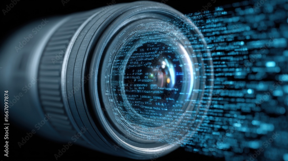 Aufkleber a close view of a camera lens showcasing data streams and light reflections, illustrating the fusion
