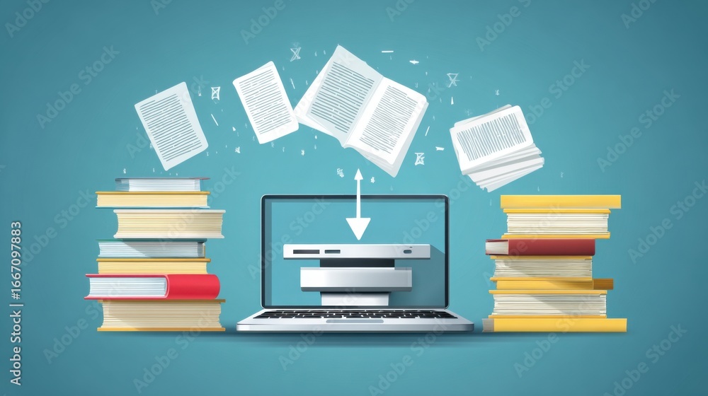 Poster a laptop displays a conversion process, where books are being transformed into digital format, surro