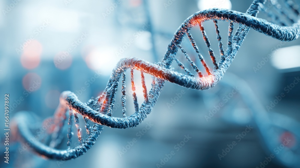 Poster a detailed representation of a dna helix with glowing particles is displayed, emphasizing the intric