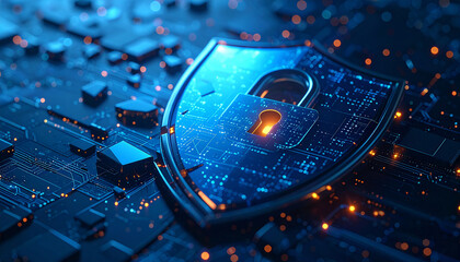 Digital Fortress: A digital shield, adorned with a lock, rests upon a complex circuit board. Illuminated in shades of blue and orange, it epitomizes robust protection in the realm of technology.